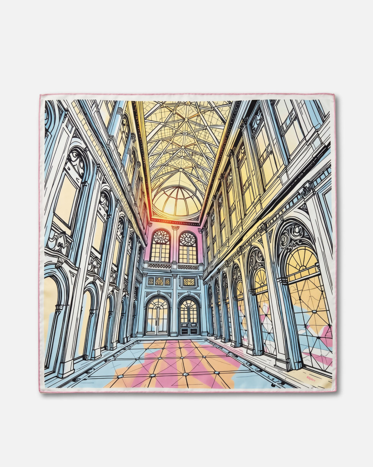 Celestial Cathedral - carré de soie 90x90 en twill de soie de mûrier 19 mommes, le carré à plat, motif entier