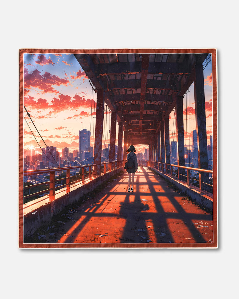 Natsuko in Tokyo - carré de soie 90x90 en twill de soie de mûrier 19 mommes, le carré à plat, motif entier