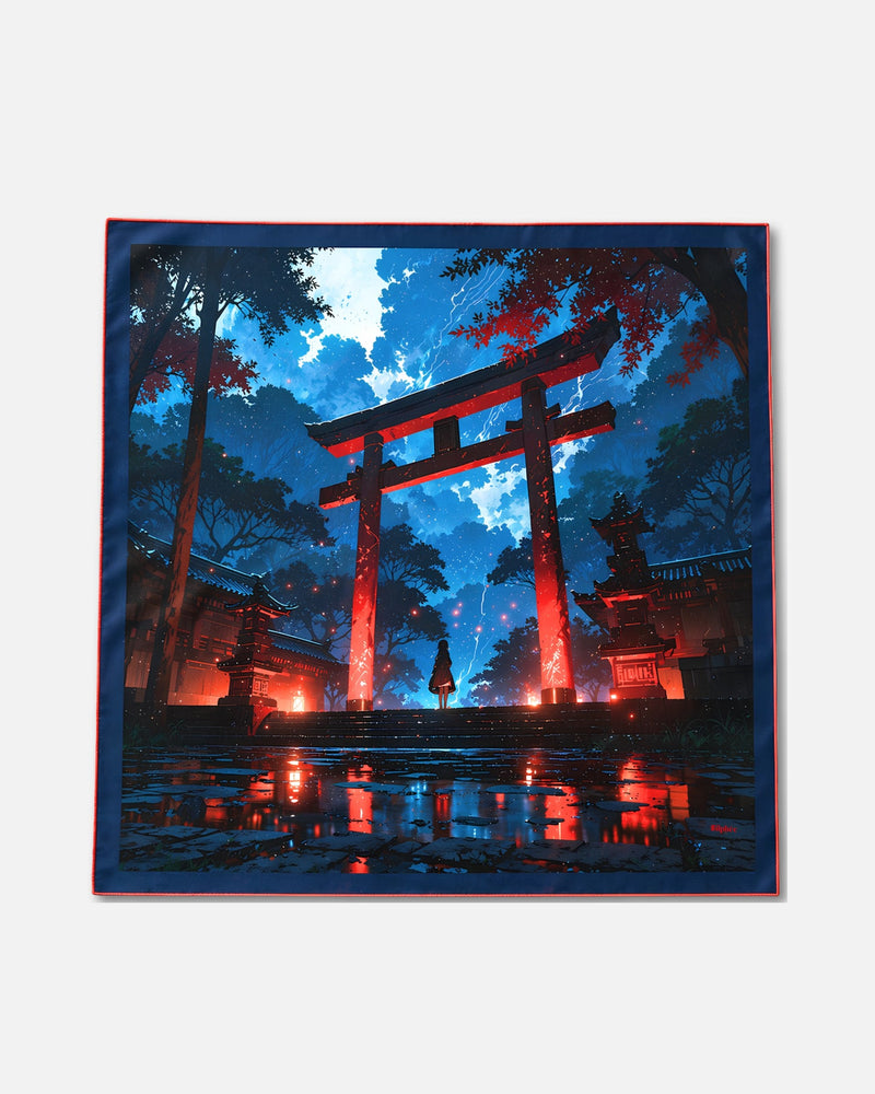 Torii Ardent - carré de soie 90x90 en twill de soie de mûrier 19 mommes, le carré à plat, motif entier