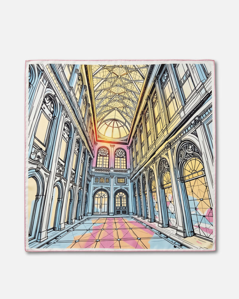 Celestial Cathedral - carré de soie 90x90 en twill de soie de mûrier 19 mommes, le carré à plat, motif entier