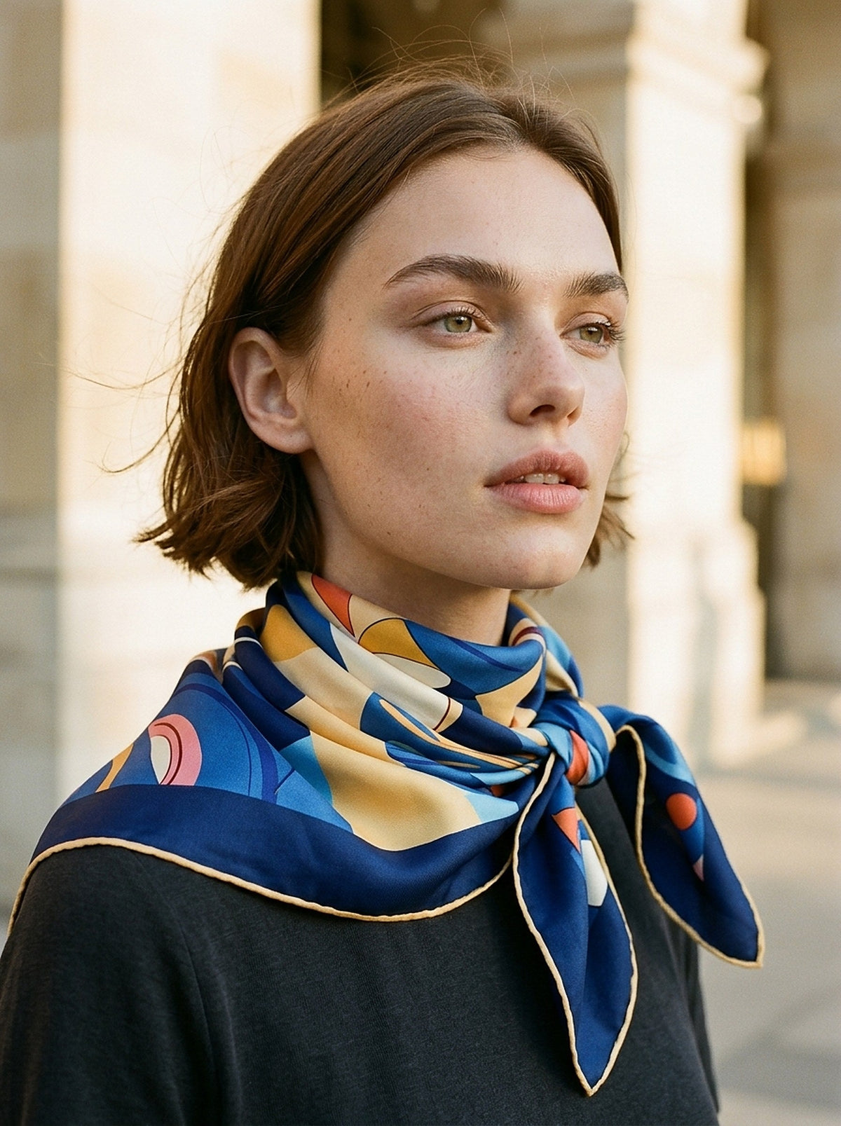 Chroma Aurora - carré de soie 90x90 en twill de soie de mûrier 19 mommes, porté noué au cou