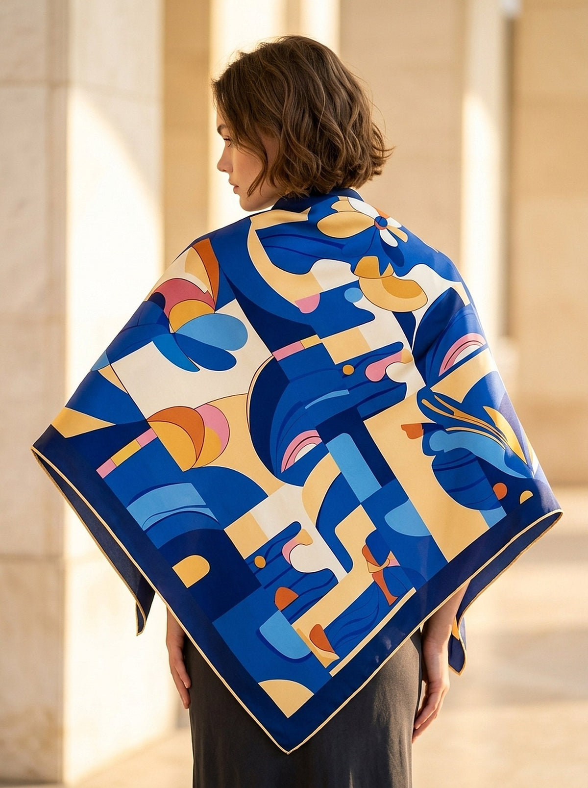 Chroma Aurora - carré de soie 90x90 en twill de soie de mûrier 19 mommes, porté ouvert en losange dans le dos