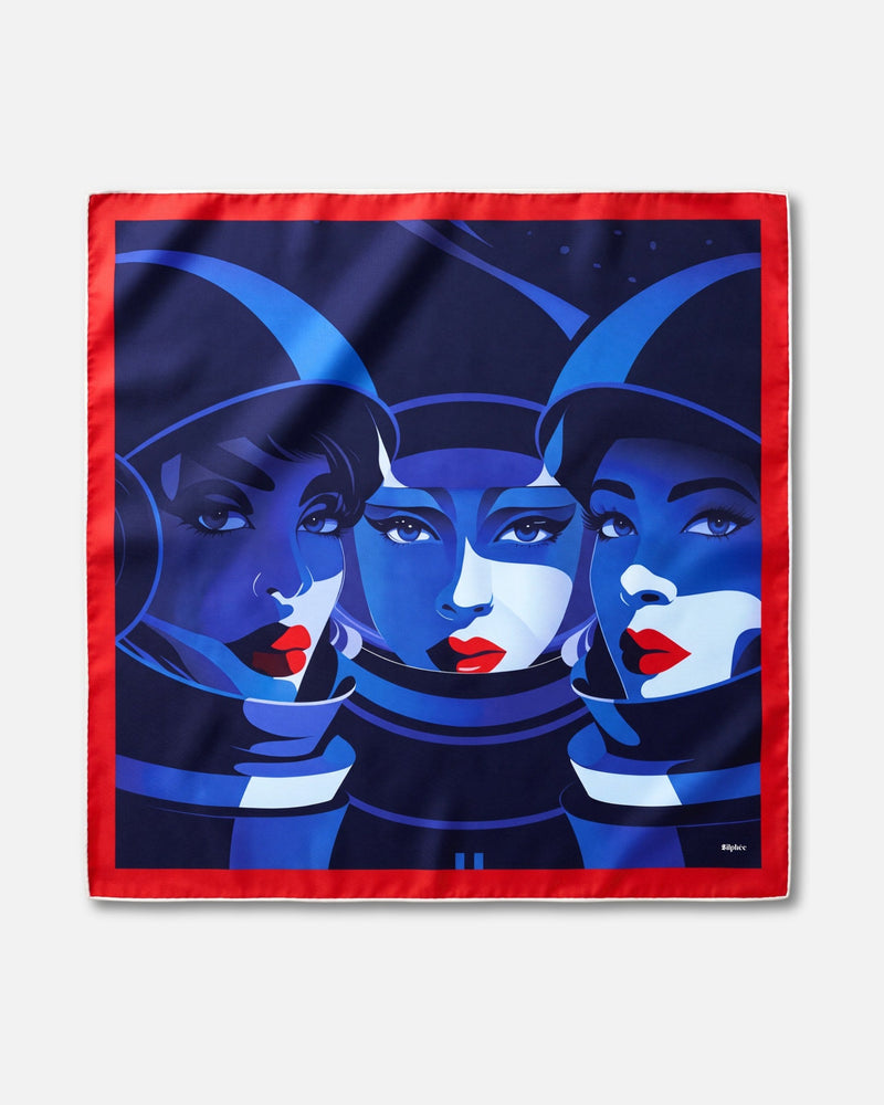 Cosmic Muse - carré de soie 90x90 en twill de soie de mûrier 19 mommes, le carré à plat, face bleue