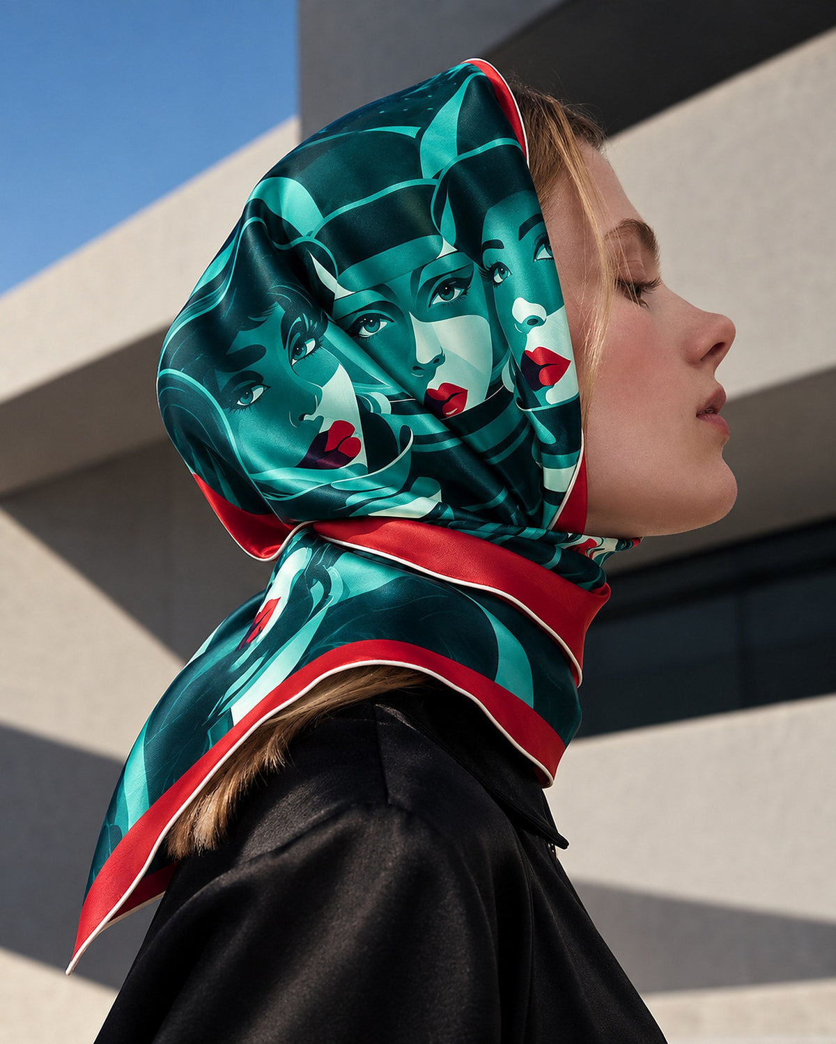 Cosmic Muse - carré de soie 90x90 en twill de soie de mûrier 19 mommes, porté en foulard de tête, face verte