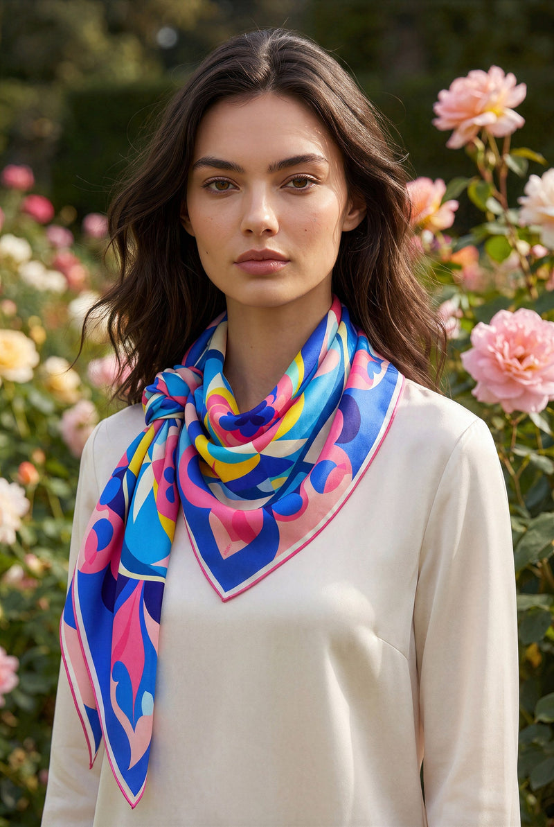 Flora Nova - carré de soie 90x90 en twill de soie de mûrier 19 mommes, porté noué au cou