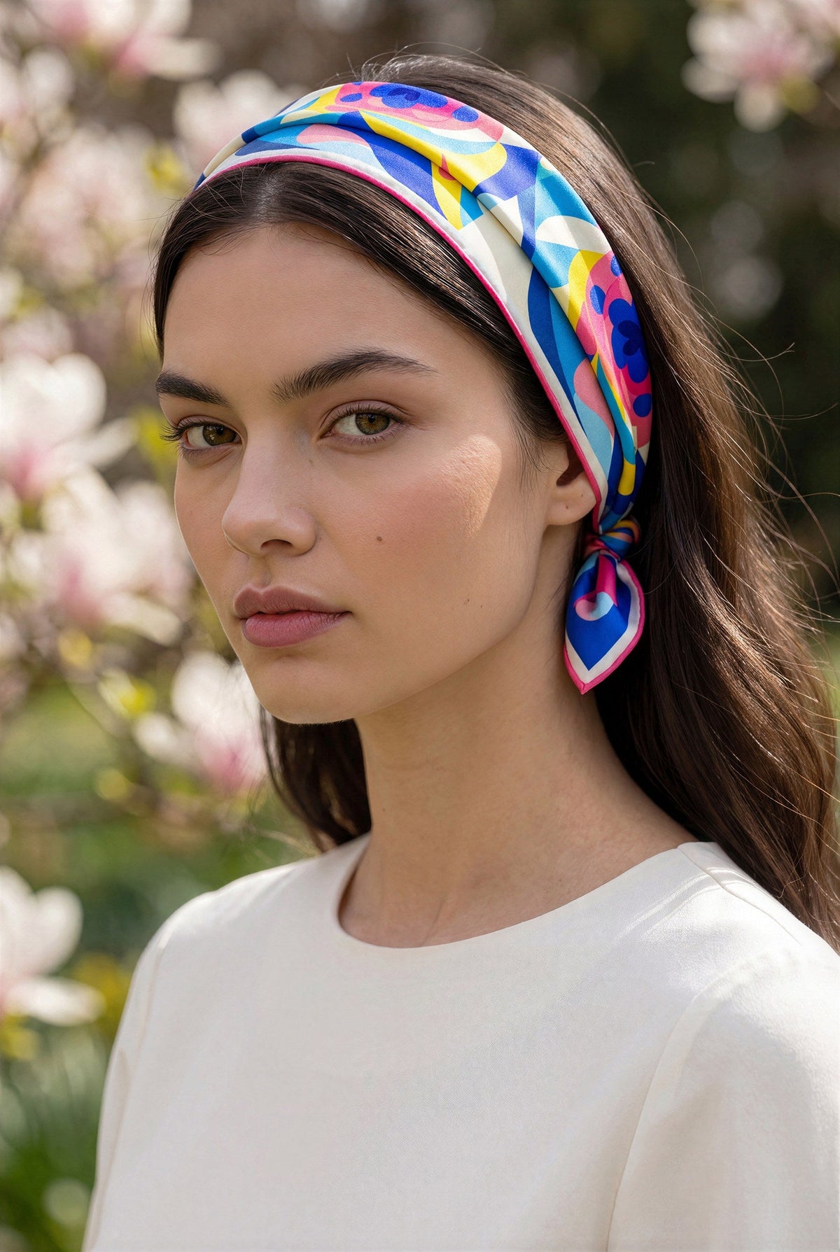 Flora Nova - carré de soie 90x90 en twill de soie de mûrier 19 mommes, porté en foulard de tête