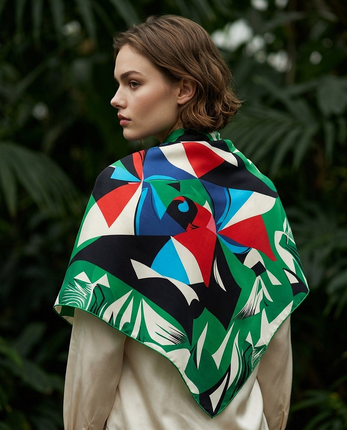 Jungle Beat - carré de soie 90x90 en twill de soie de mûrier 19 mommes, porté ouvert en losange dans le dos