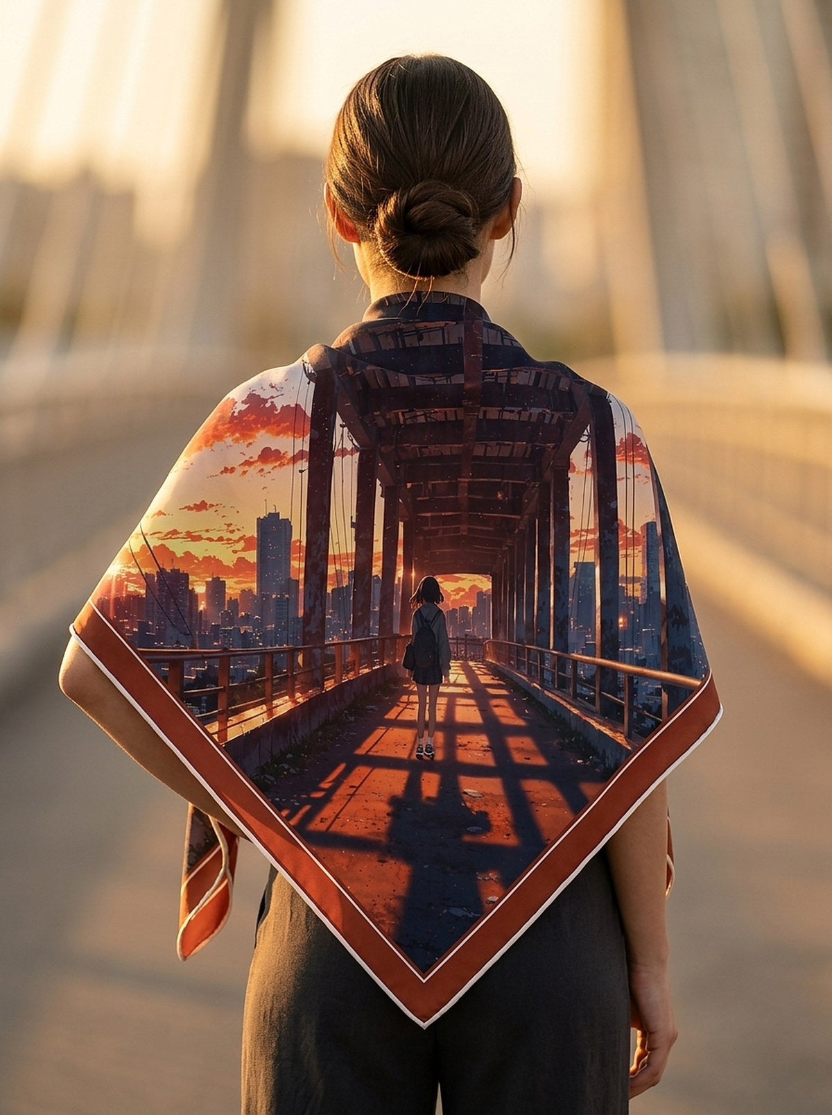 Natsuko in Tokyo - carré de soie 90x90 en twill de soie de mûrier 19 mommes, porté ouvert en losange dans le dos