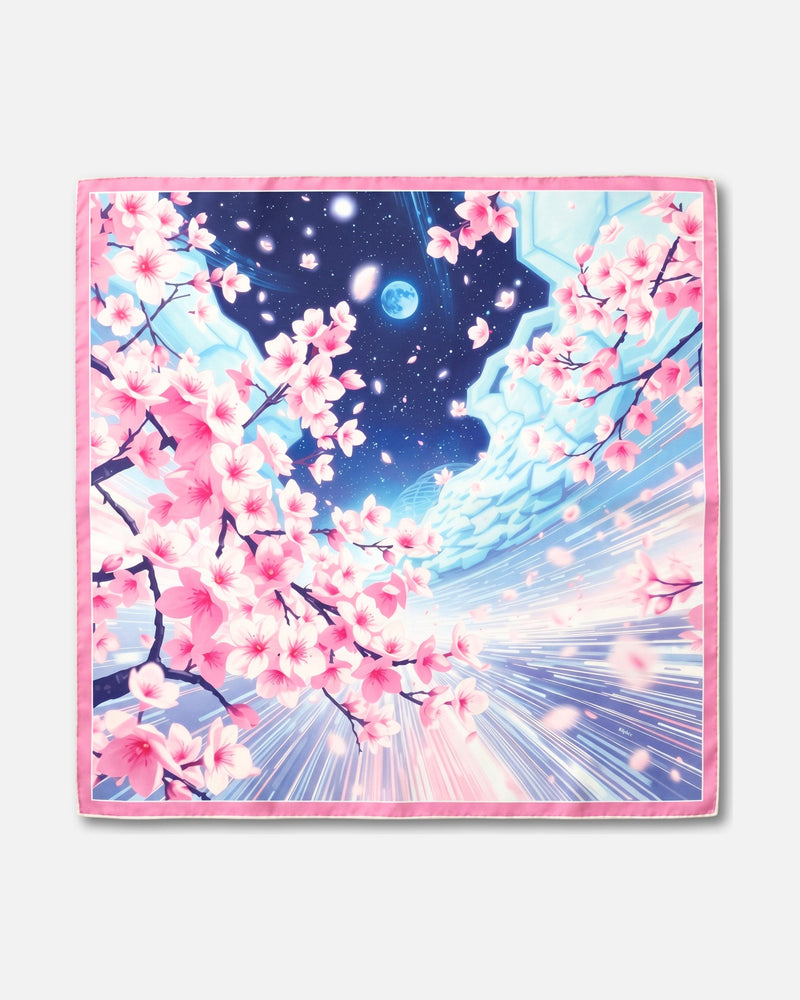 Sakura Stellar - carré de soie 90x90 en twill de soie de mûrier 19 mommes, le carré à plat, motif entier