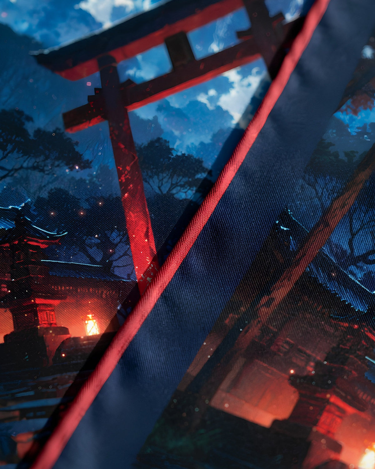 Torii Ardent - carré de soie 90x90 en twill de soie de mûrier 19 mommes, détail du drapé de la soie