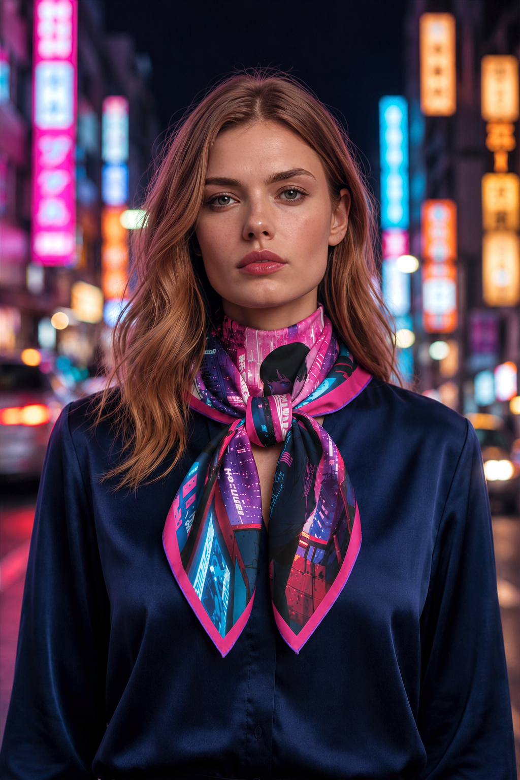 Yūrei Girl - carré de soie 90x90 en twill de soie de mûrier 19 mommes, noué au cou sur une chemise en soie marine, dans la rue de nuit