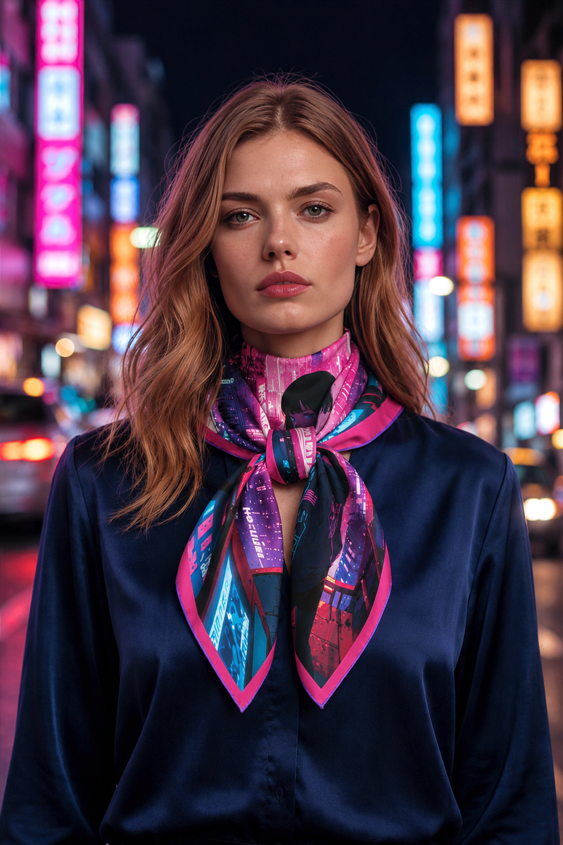 Yūrei Girl - carré de soie 90x90 en twill de soie de mûrier 19 mommes, noué au cou sur une chemise en soie marine, dans la rue de nuit